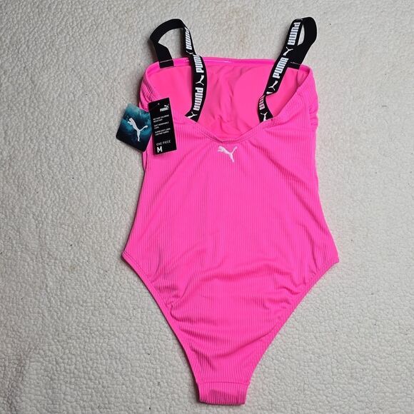 PUMA Women Swimsuit Pink Stretch Chlorine Resistant Summer One Piece Sz Med - Picture 3 of 5